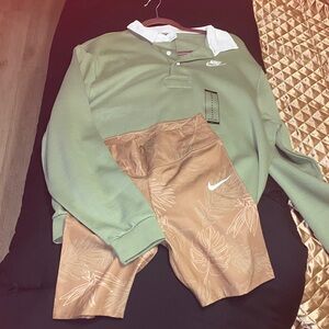Nike Sage Green Rugby Polo with Tan Floral Biker Shorts